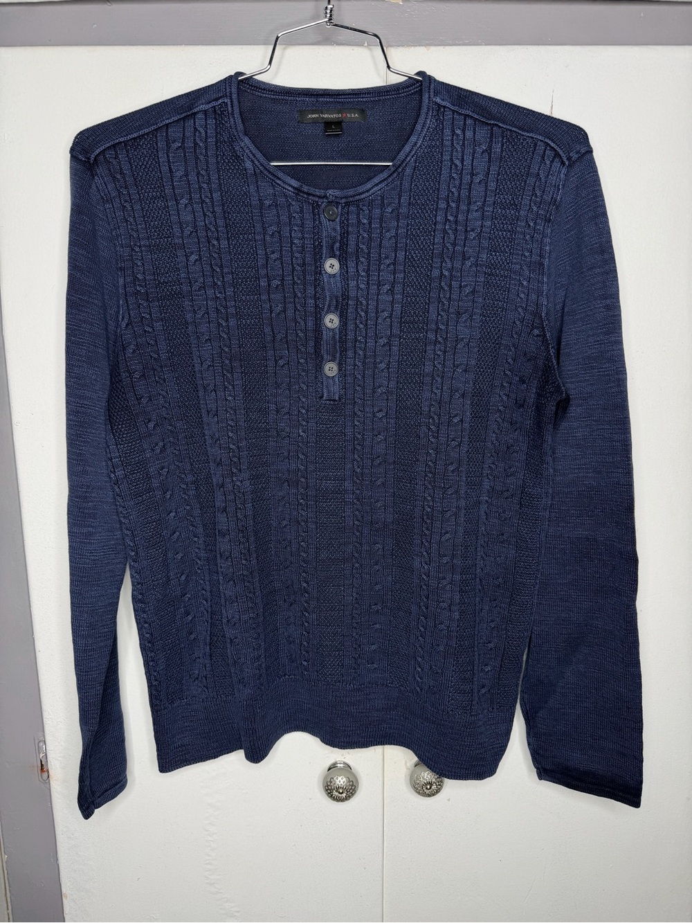 John Varvatos Men's Cotton Linen Cable Knit Henley Long Sleeve Sweater L Navy